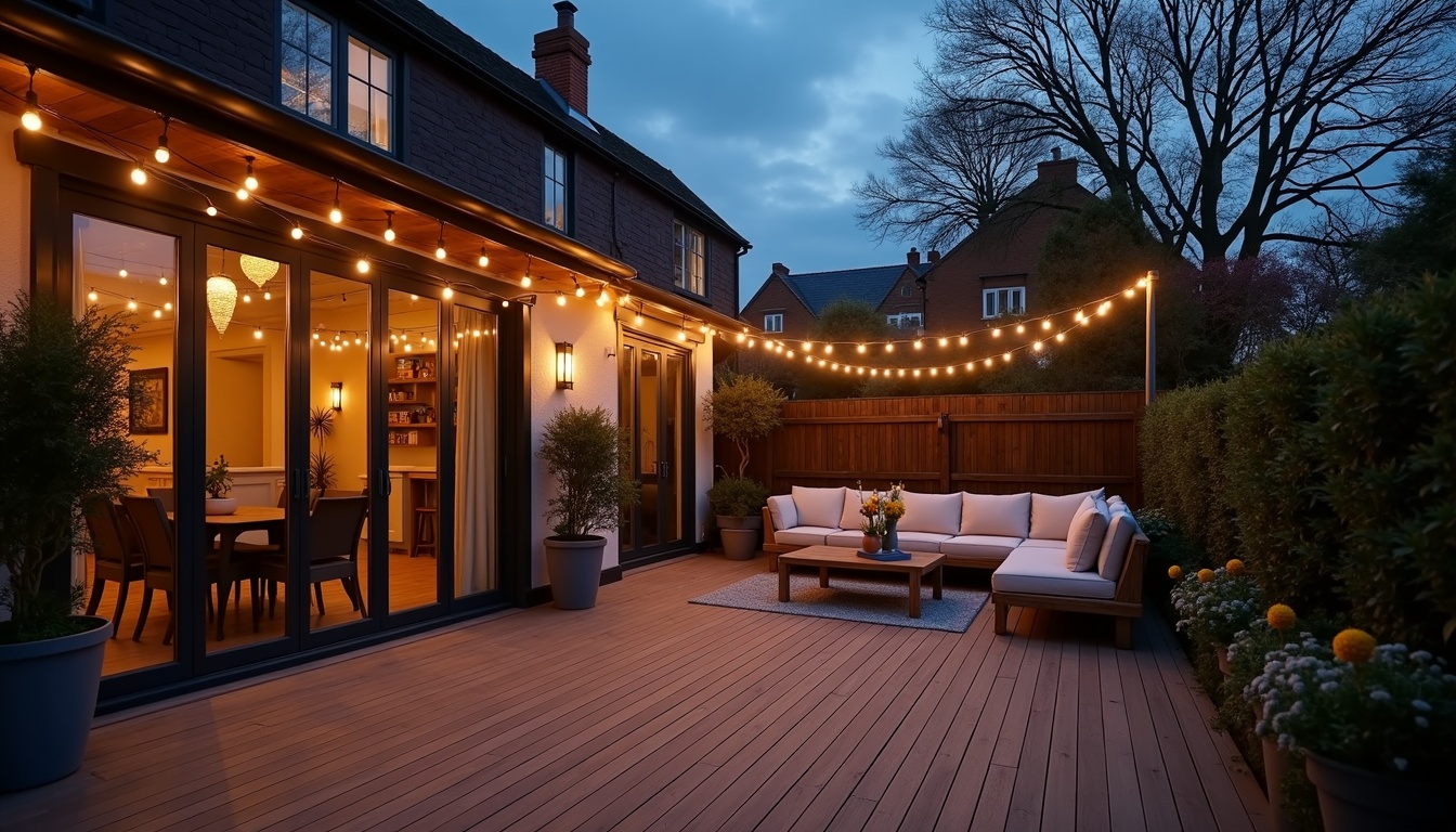 Garden decking with festoon lighting at dusk
