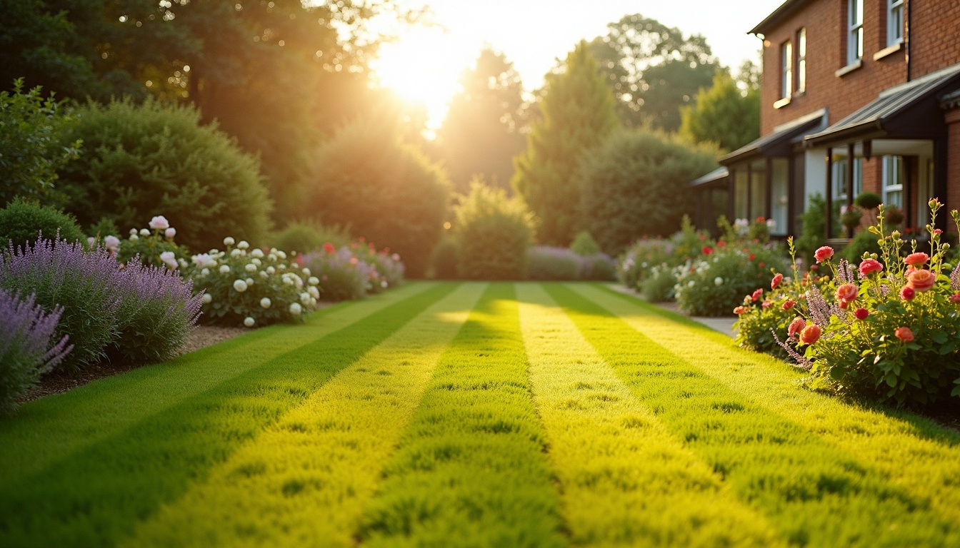 Striped lawn with flower borders at golden hour