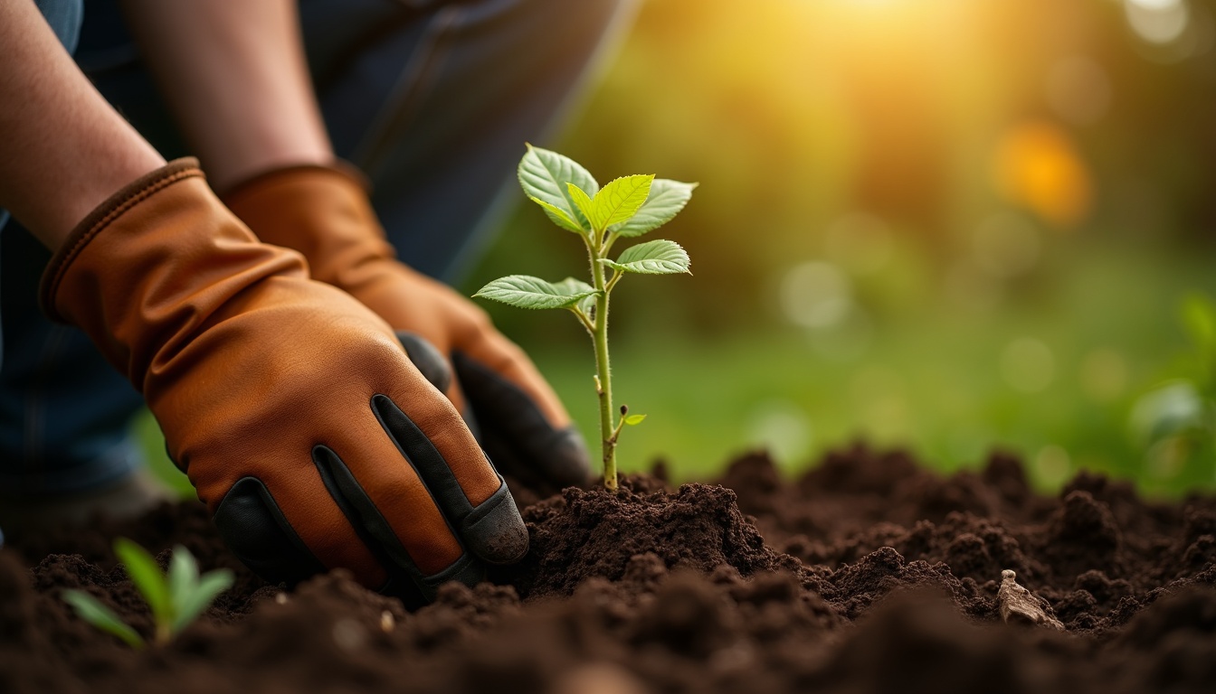 Gardener planting a young flowering plant