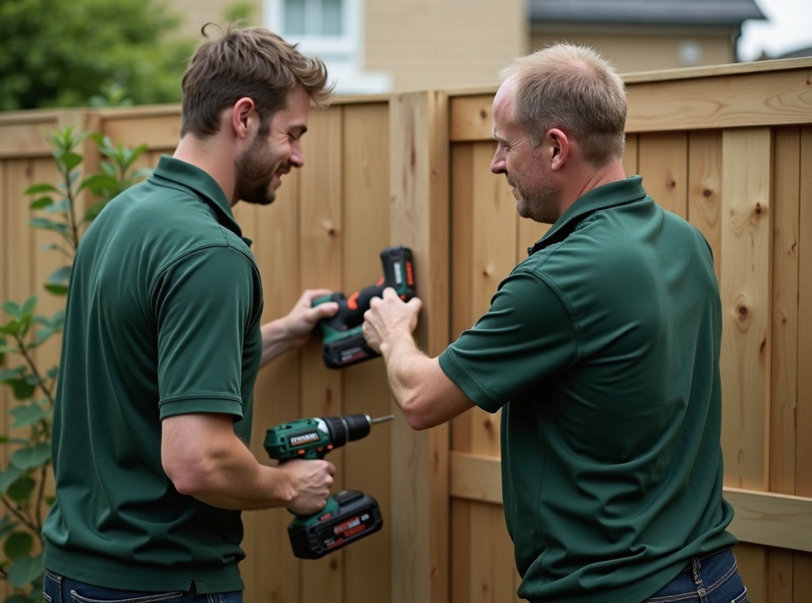 Two gardeners installing a wooden fence panel