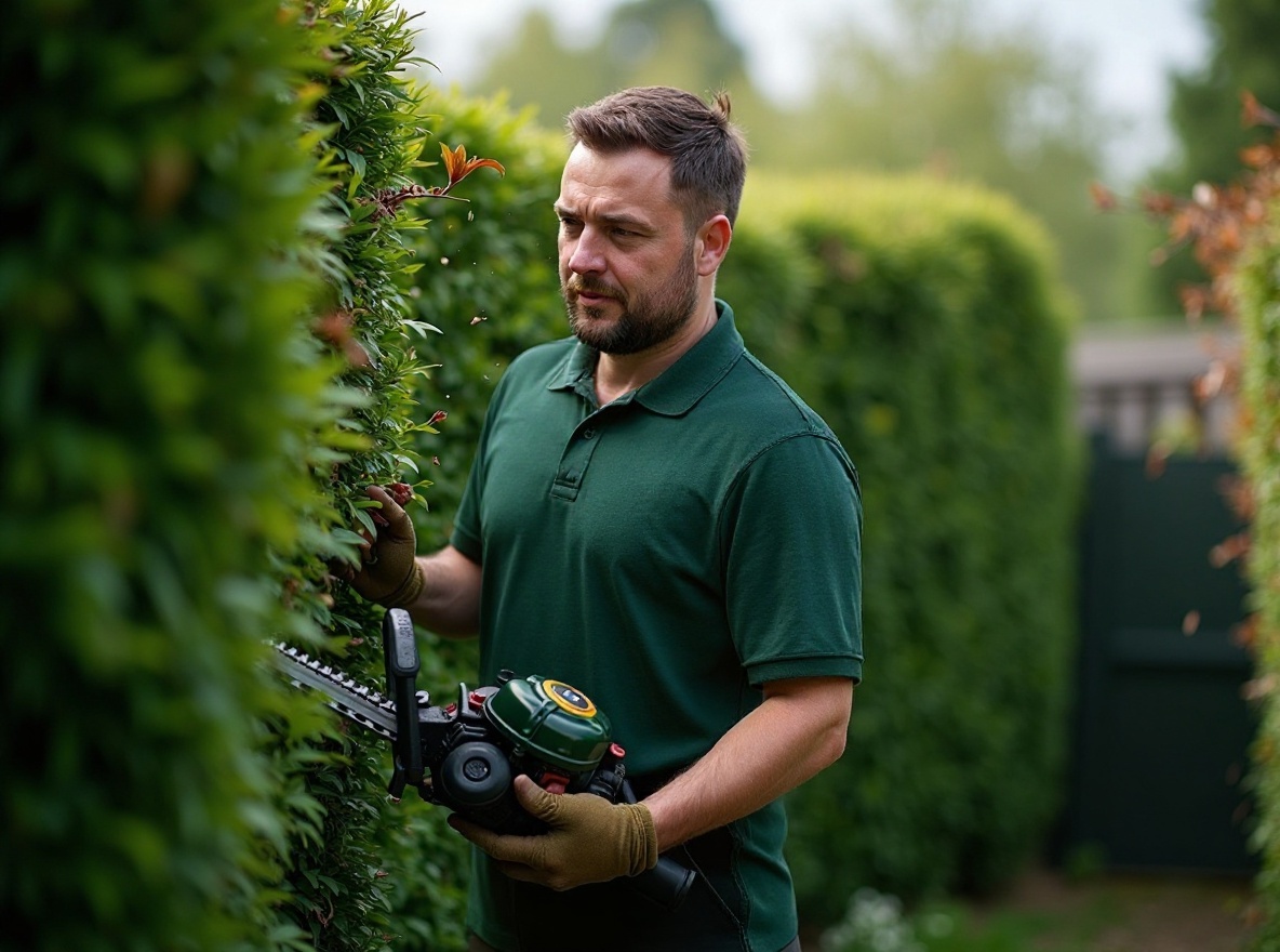 Gardener trimming a tall hedge