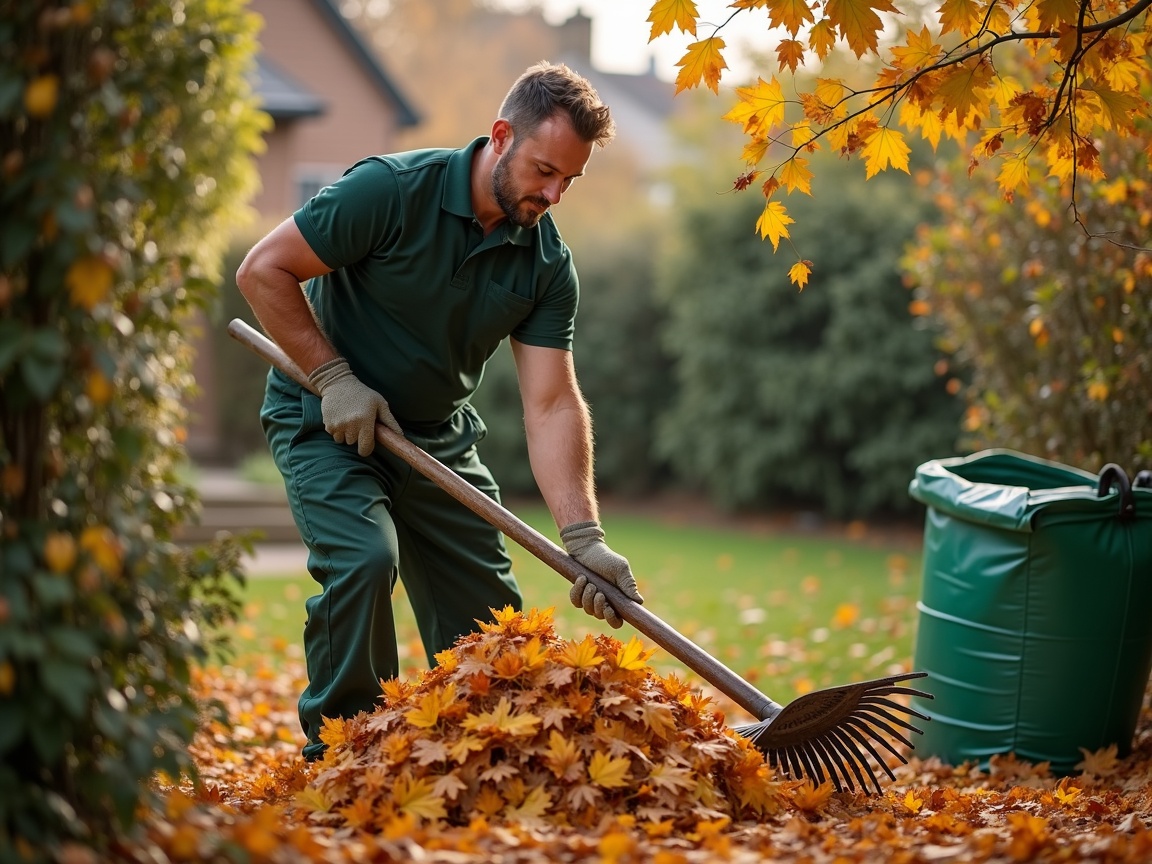 Gardener raking autumn leaves