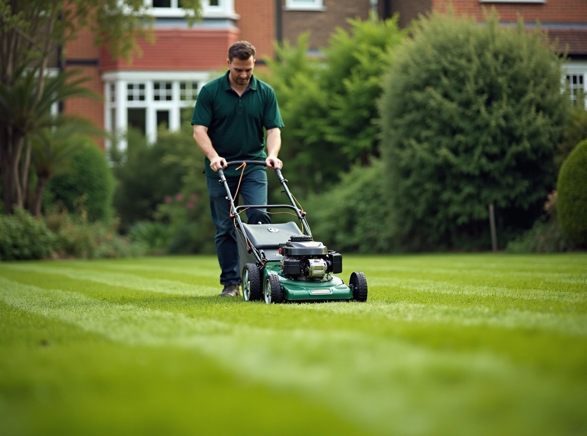 Gardener mowing a striped lawn