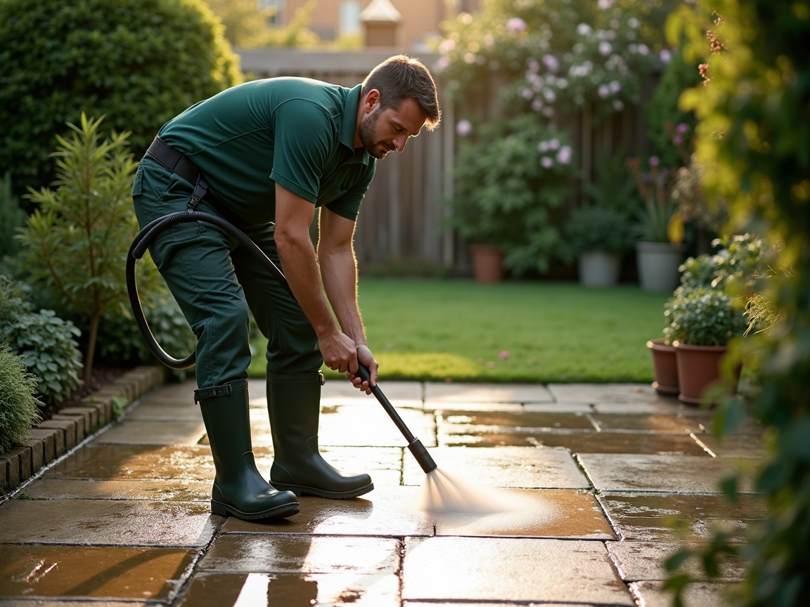 Gardener pressure washing a stone patio