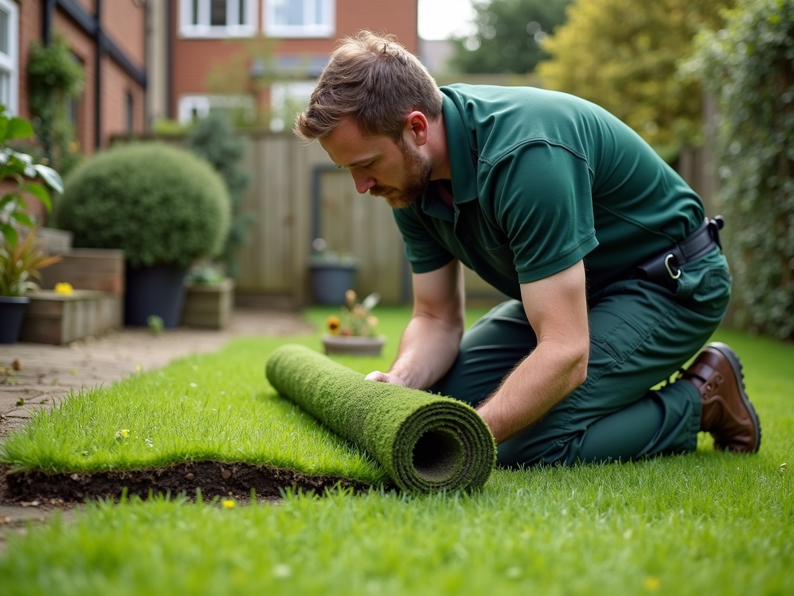 Gardener laying fresh turf rolls